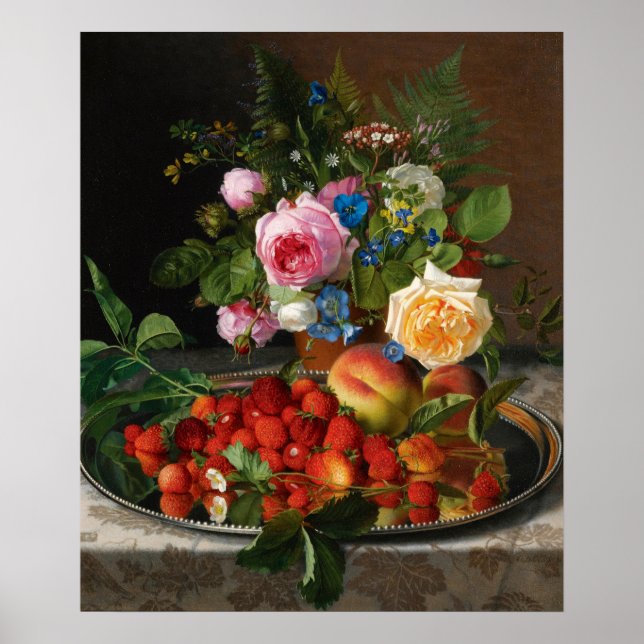 Still Life Roses and Strawberries by Otto Ottesen Poster (Front)