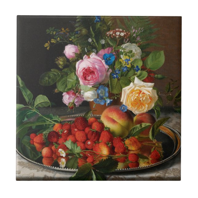 Still Life Roses and Strawberries by Otto Ottesen Tile (Front)