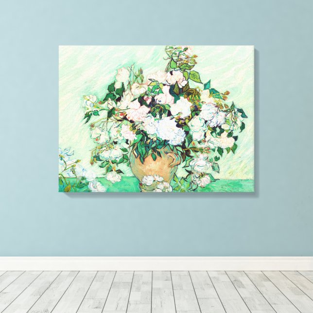Still Life Roses in a Vase by Vincent van Gogh Canvas Print (Insitu(Wood Floor))
