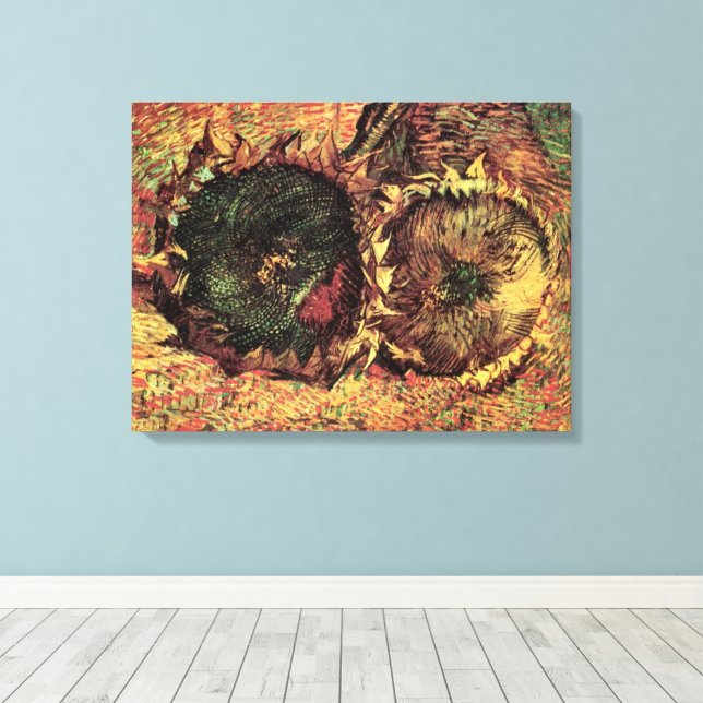 Still Life Two Cut Sunflowers by Vincent van Gogh Canvas Print (Insitu(Wood Floor))