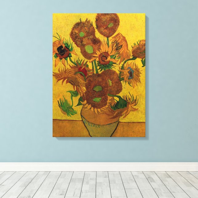 Still Life Vase w 15 Sunflowers Vincent van Gogh Canvas Print (Insitu(Wood Floor))