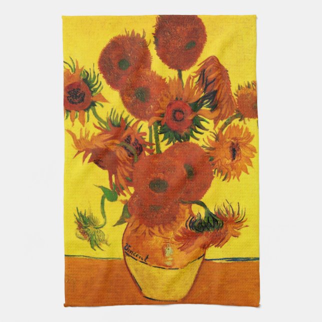 Still Life Vase w 15 Sunflowers Vincent van Gogh Kitchen Towel (Vertical)