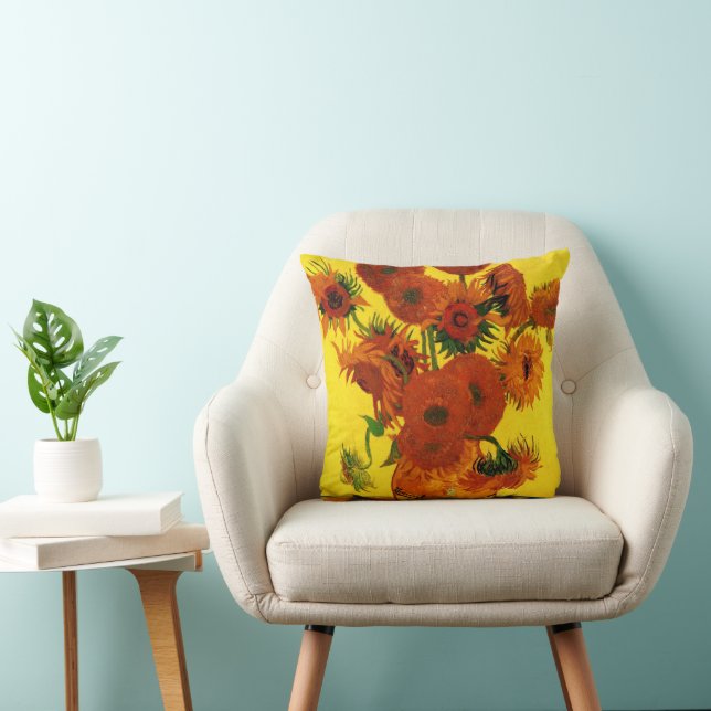 Still Life Vase w 15 Sunflowers Vincent van Gogh Throw Pillow (Chair)