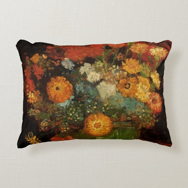 Still Life Vase with Zinnias by Vincent van Gogh Decorative Pillow (Front)