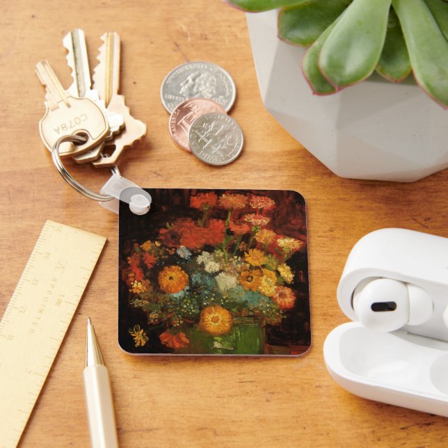 Still Life Vase with Zinnias by Vincent van Gogh Keychain (Desk)