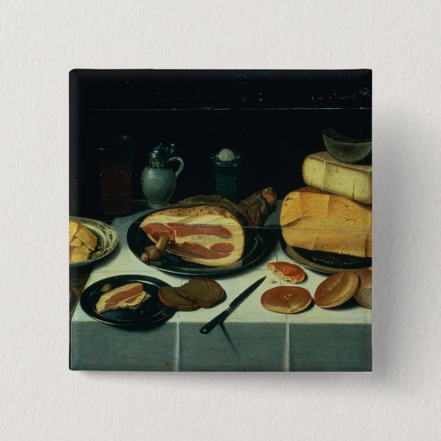 Still Life with a Ham (oil on panel) 2 Inch Square Button (Front)