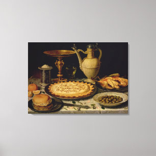 Still life with a tart,chicken, bread and olives canvas print