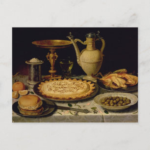 Still life with a tart,chicken, bread and olives postcard