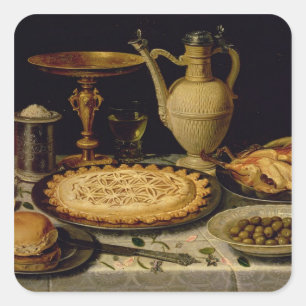 Still life with a tart,chicken, bread and olives square sticker