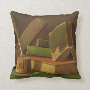 Still life with books and ink well throw pillow