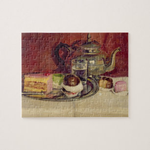 Still Life with Cakes and a Silver Teapot (oil on Jigsaw Puzzle