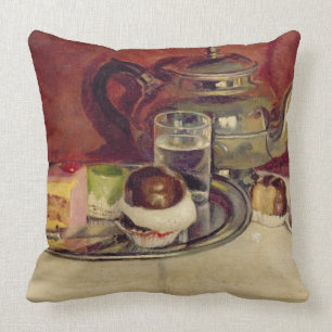 Still Life with Cakes and a Silver Teapot (oil on Throw Pillow