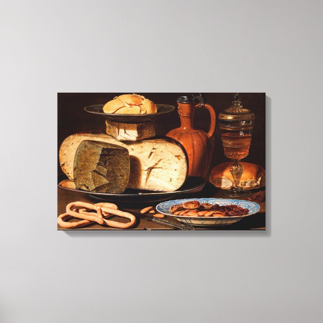 Still Life with Cheeses, Almonds and Pretzels Canvas Print (Front)