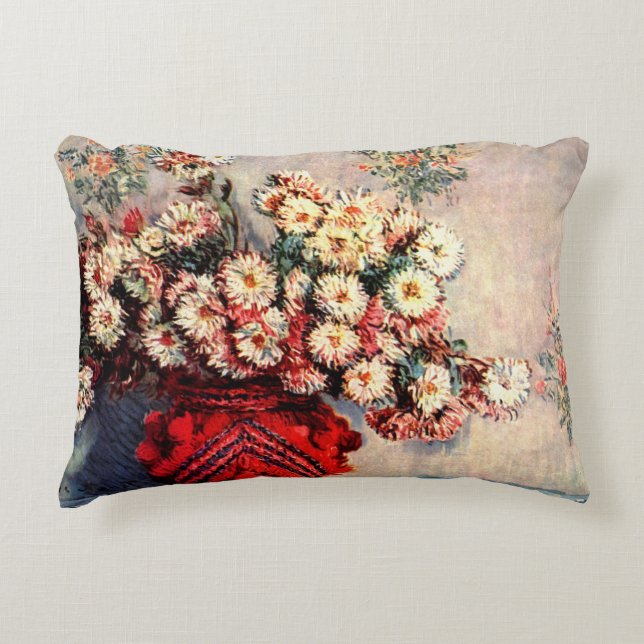 Still life with Chrysanthemums by Claude Monet Decorative Pillow (Front)