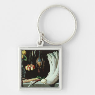 Still life with dead birds, fruit and keychain