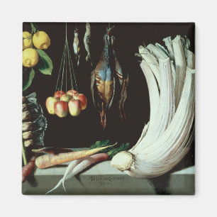 Still life with dead birds, fruit and magnet