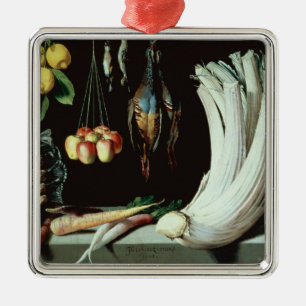 Still life with dead birds, fruit and metal ornament