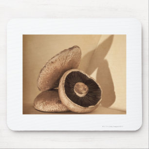 Still life with flat mushrooms and dramatic mouse pad