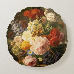 Still Life with Flowers and Fruit, 1827 Round Pillow
