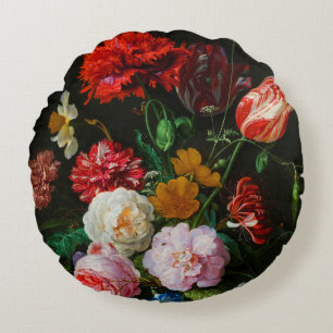 Still Life with Flowers in a Glass Vase  Round Pillow