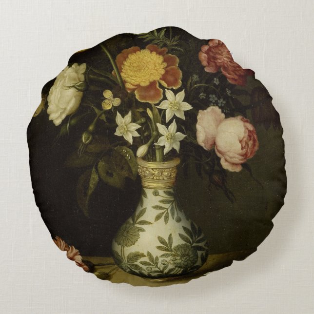 Still Life With Flowers in a Wan-li Vase Ambrosius Round Pillow (Back)