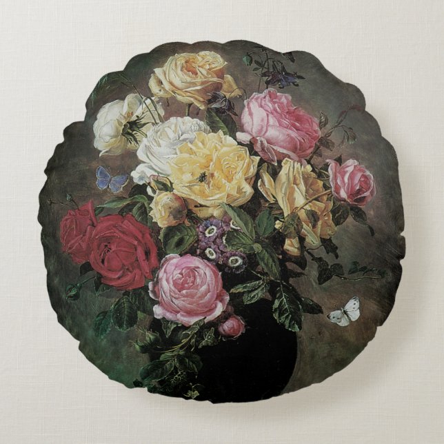 Still Life with Flowers in Vase by Olaf Hermansen Round Pillow (Front)