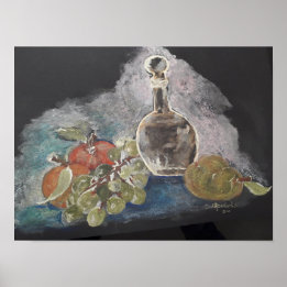 Still life with fruit and glass bottle poster