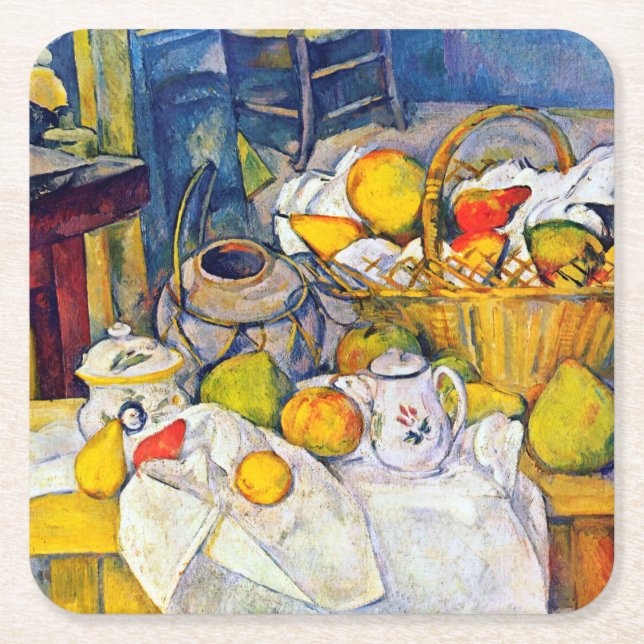 Still Life with Fruit Basket, Paul Cezanne Square Paper Coaster (Front)