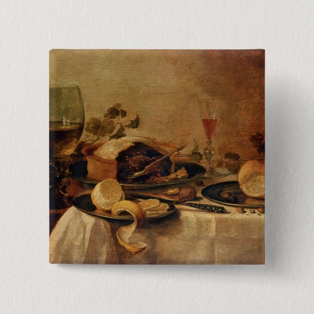 Still Life with Fruit Pie, 1635 2 Inch Square Button (Front)