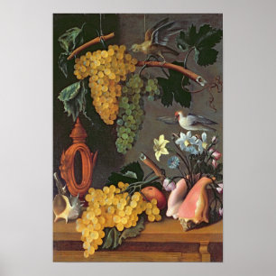 Still Life with Grapes, Birds and flowers Poster