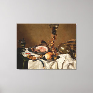 Still life with ham, books and ornamental vessels canvas print