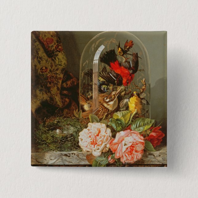 Still Life with Humming Bird in a Glass Dome 2 Inch Square Button (Front)