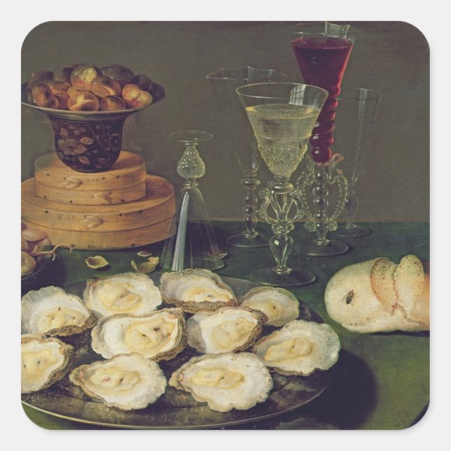 Still Life with Oysters and Glasses (oil on panel) Square Sticker (Front)