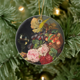 Still life with peonies and a glass of wine ceramic ornament