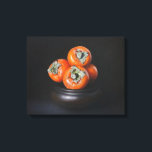 Still Life with Persimmons on Black Background Canvas Print<br><div class="desc">This elegant oil painting features a cluster of vibrant, ripe persimmons piled in a dark ceramic bowl. The composition is set against a deep black background, utilizing a classic chiaroscuro technique to emphasize the rich orange hues and smooth texture of the fruit. The dried green leaves provide a delicate organic...</div>