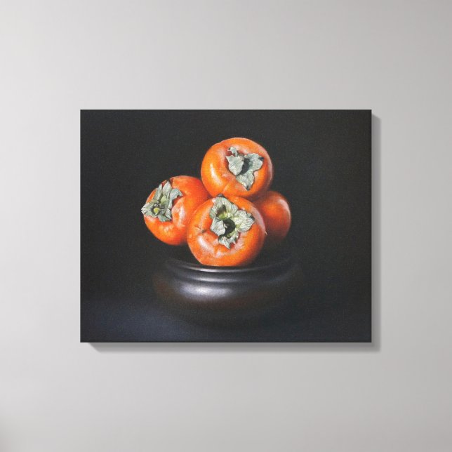 Still Life with Persimmons on Black Background Canvas Print (Front)