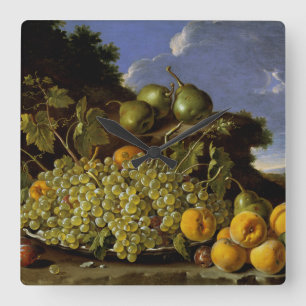 Still life with Plate of Grapes, Peaches, Pears Square Wall Clock