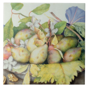 Still life with Plums, Walnuts and Jasmine (w/c on Tile