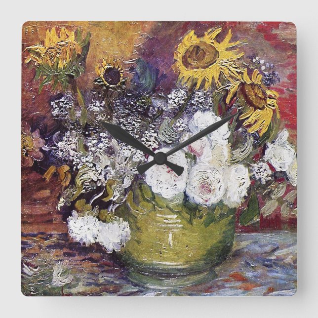 Still Life with Roses and Sunflowers - Van Gogh Square Wall Clock (Front)