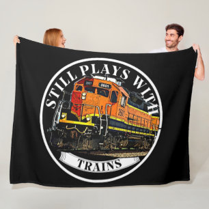 Still Plays with Trains Orange Black Diesel Train Fleece Blanket