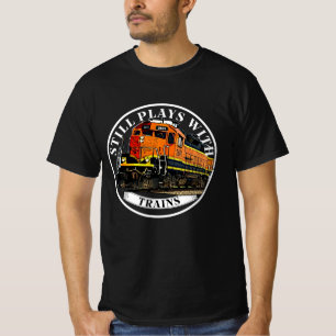 Still Plays with Trains Orange Black Diesel Train T-Shirt