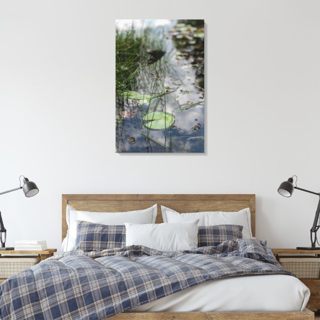 Still Reflections – Tranquil Lily Pad Pond Canvas Print (Insitu(Bedroom))