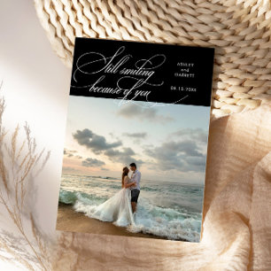 Still Smiling Elegant Wedding Photo Black Thank You Card