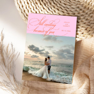 Still Smiling Elegant Wedding Photo Orange Pink Thank You Card