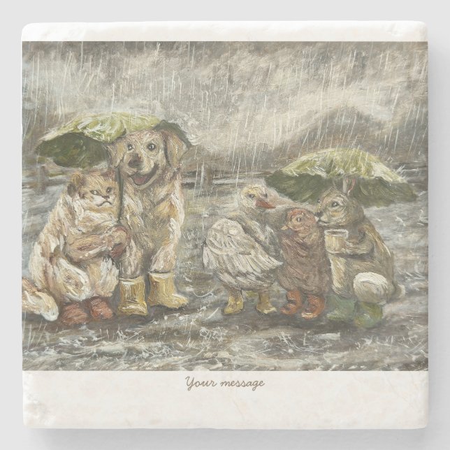 Still Together Whimsical Farmhouse Animals Rainy  Stone Coaster (Front)