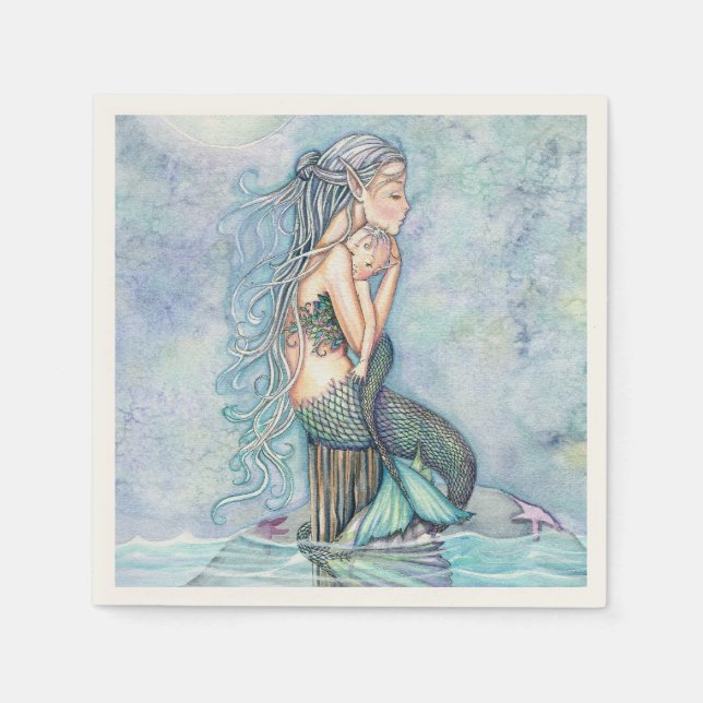 Still Waters Mother and Baby Mermaids Paper Napkin (Front)