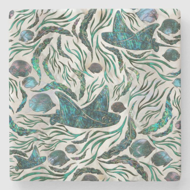 Stingray and Scat fish pattern Abalone Stone Coaster (Front)