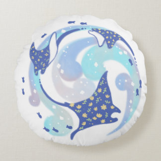 Stingray in Ocean Illustration Round Pillow