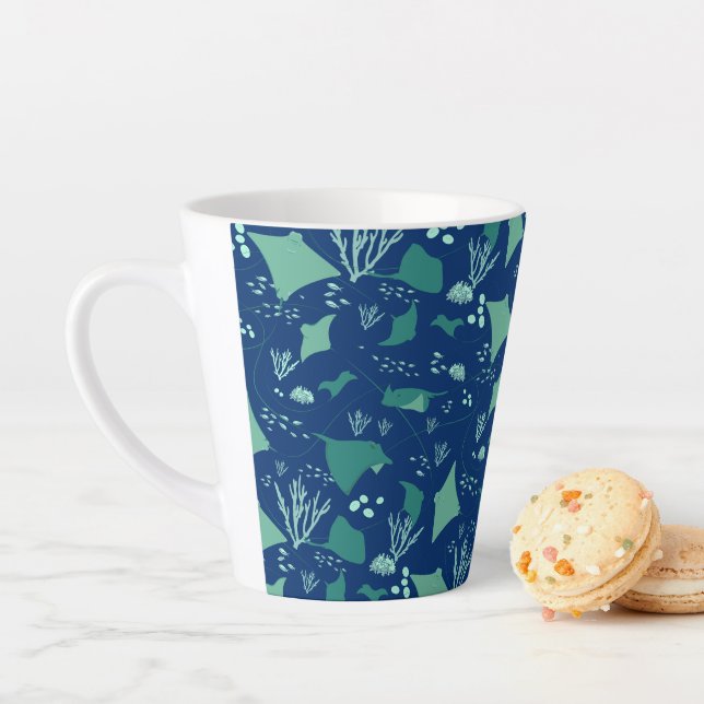 Stingrays Ocean Reef Pattern on Navy Blue Latte Mug (In Situ)