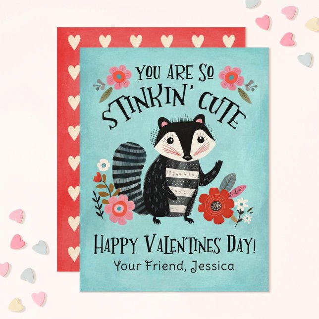 Stinkin Cute Skunk Valentines Day Greeting Card (A Stinkin' cute Classroom Valentines Exchange Card)